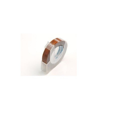 Dymo Omega, 9mm x 3m, text alb / fundal maro (din lemn), banda compatibila