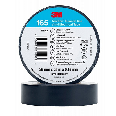 3M Temflex 165 Elektrobandă izolantă, 25 mm x 25 m, negru