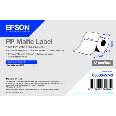Epson C33S045743 PP Matte, pentru ColorWorks, 76mmx29m, polipropilenă, alb etichete autoadezive