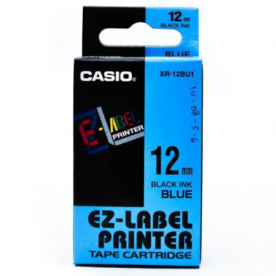 Casio XR-12BU1, 12mm x 8m, text negru / fundal albastru, banda originala