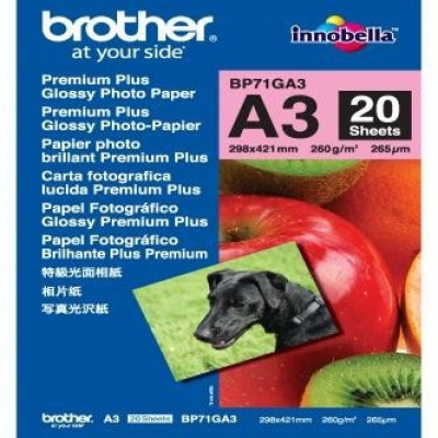 Brother Glossy Photo Paper BP71GA3, 260 g/m2, A3, 20buc., lucios, jet de cerneală, alb, hârtie fotografică