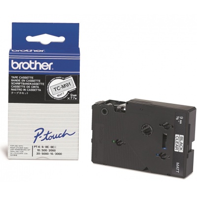 Brother TC-M91, 9mm x 7,7m, text negru / fundal transparent, banda original