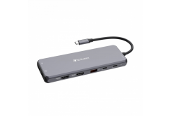 Verbatim 32153 USB-C Hub, Multiport Pro 13 Port, 6x USB-A, 2x USB-C, 2x HDMI, DP, RJ45, 3.5mm Jack audio, gri