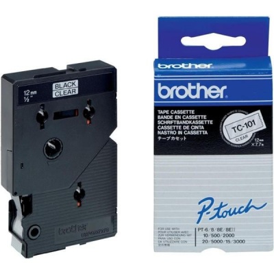 Brother TC-101, 12mm x 7,7m, text negru / fundal transparent, banda original