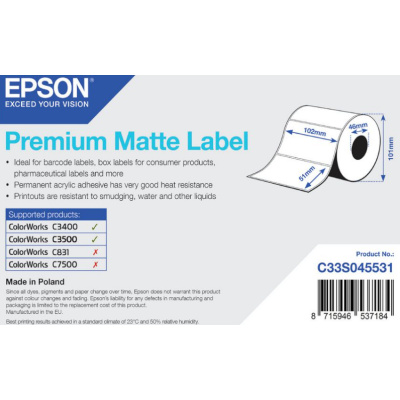 Epson C33S045531 Premium Matte, pentru ColorWorks, 102x51mm, 650buc., alb etichete autoadezive