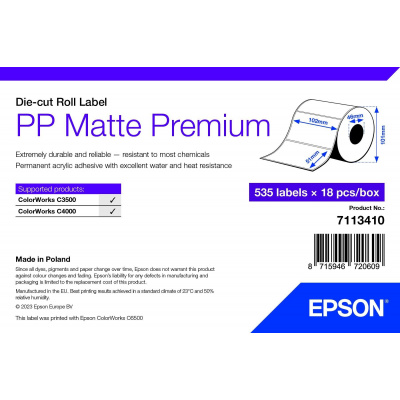 Epson 7113410 PP Matte, pentru ColorWorks, 102x51mm, 535buc., polipropilenă, alb etichete autoadezive