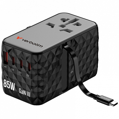 Încărcător de priză VERBATIM GaN cu cablu USB-C încorporat Charge 'n' Travel, 85W, 4xUSB-C, 1xUSB