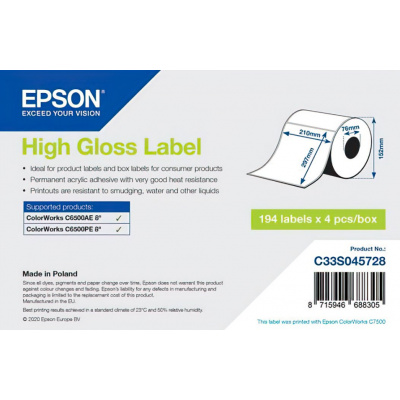 Epson C33S045728 High Gloss, pentru ColorWorks, 210x297mm, 194buc., alb etichete autoadezive