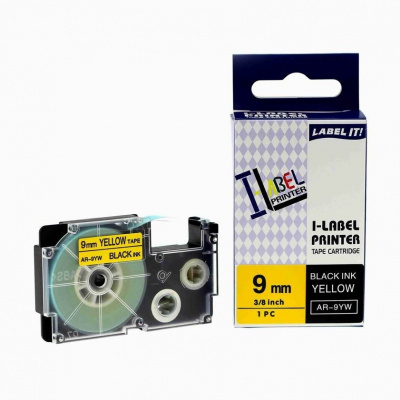 Banda compatibila Casio XR-9YW1, 9mm x 8m text negru / fundal galben