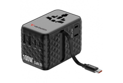 Verbatim, Cestovní adaptér univerzální Charge ,n, Travel 2x USB-C, 2X USB-A + 1x integrovaný kabel USB-C, černá, 100 W