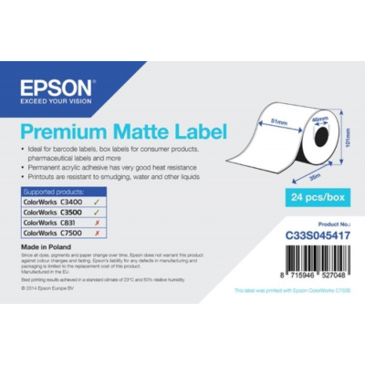 Epson C33S045417 Premium Matte, pentru ColorWorks, 51mmx35m, alb etichete autoadezive