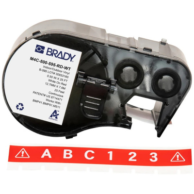 Brady M4C-500-595-RD-WT / 170817, 12.70 mm x 7.62 m, Vinil, text alb / fundal rosu