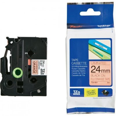 Brother TZ-B51 / TZe-B51, 24mm x 8m, semnal, text negru / portocaliu galben, banda original