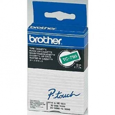 Brother TC-795, 9mm x 7,7m, text alb/fundal verde, banda original