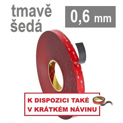 3M VHB™ 4646, grosime 0,6 mm; bandă acrilică dublu adezivă cu aderență puternică, gri închis, 19 mm x 33 m