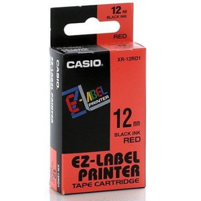 Casio XR-18RD1, 18mm x 8m, text negru / fundal rosu, banda originala